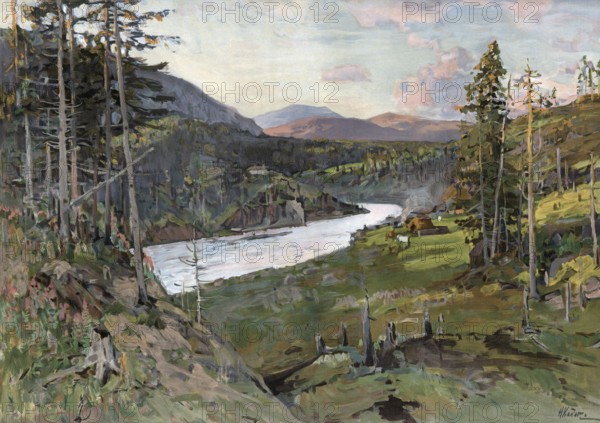 Landscape in Transbaikalia, region east of Lake Baikal, Russia, authentic reproduction of a school