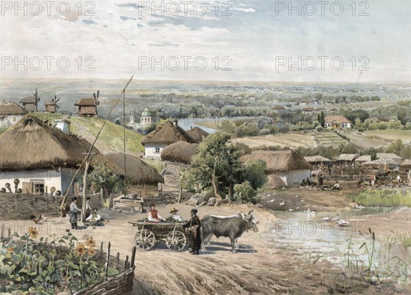Little Russia, today north of Ukraine, village scene with farmers, authentic reproduction of a