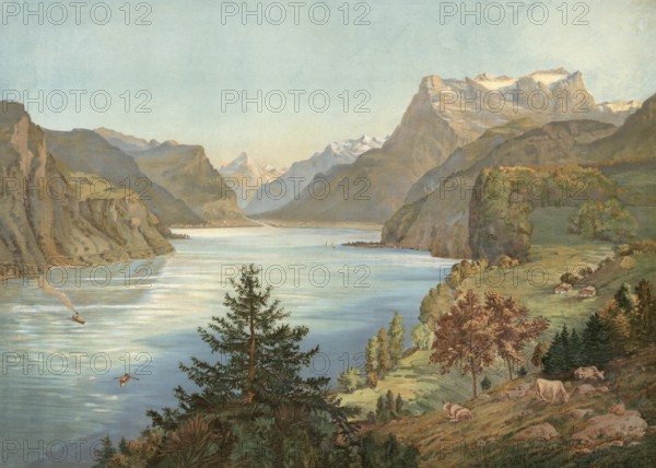Lake Lucerne, Switzerland, authentic reproduction of a school mural, historic, around 1900, a