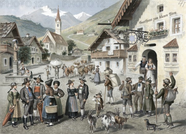 Village in Tyrol with folk types, farmers wearing traditional costume on Sunday in a small church