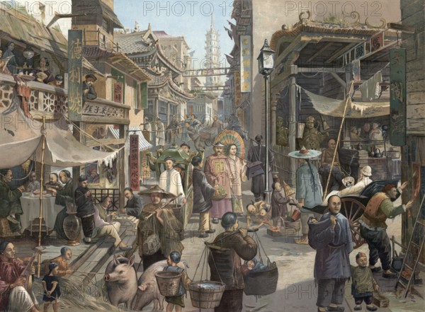 Street life with traders and artisans in a Chinese city, Canton, China, authentic reproduction of a