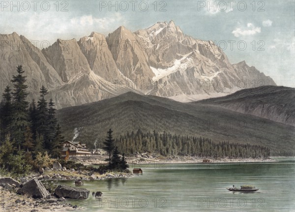 Zugspitze mountain with Eibsee lake, Alps, Bavaria, Germany, authentic reproduction of a school