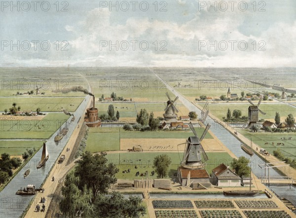 Marsh landscape with canals, windmills and fields in Holland, authentic reproduction of a school