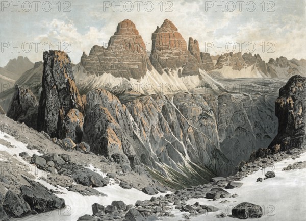 The Three Peaks, mountain group of the Dolomites, South Tyrol, Italy, authentic reproduction of a