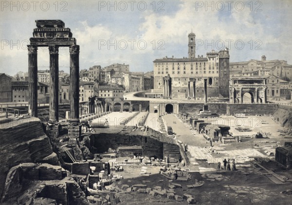 The forum in Rome. Italy, authentic reproduction of a school mural, historic, around 1900,