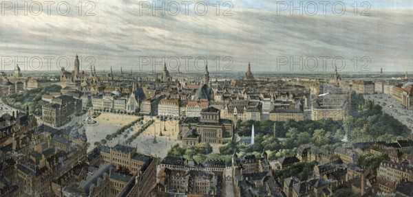 Panorama of Leipzig, Saxony, Germany, authentic reproduction of a school mural, historic, around