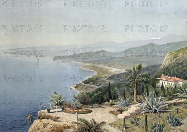 Shores of the Black Sea, coast in Ukraine, authentic reproduction of a school mural, historical,