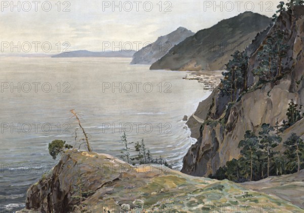 Landscape on Lake Baikal, Siberia, Russia, authentic reproduction of a school mural, historic,