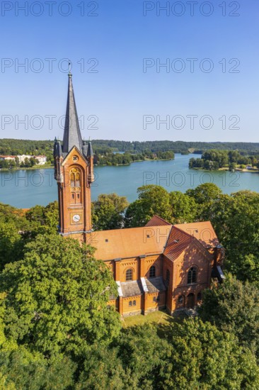 Aerial view, drone photo: City church and house lake in Feldberg, Feldberger Seenlandschaft,