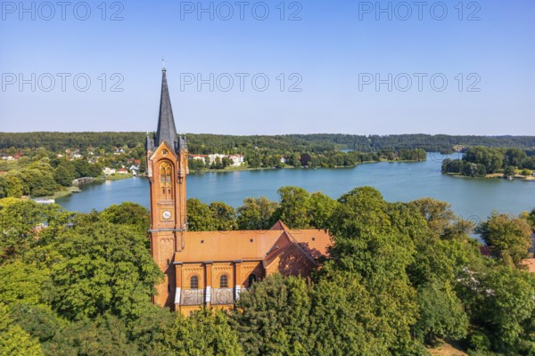 Aerial view, drone photo: City church and house lake in Feldberg, Feldberger Seenlandschaft,