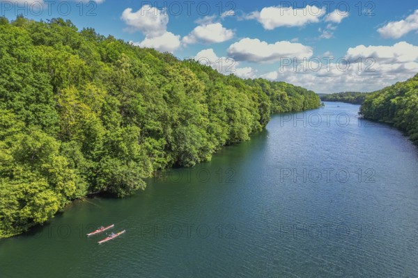 Aerial view, drone photo: two paddlers kayaking on Lake Schmaler Luzin, Hullerbusch Nature Reserve,