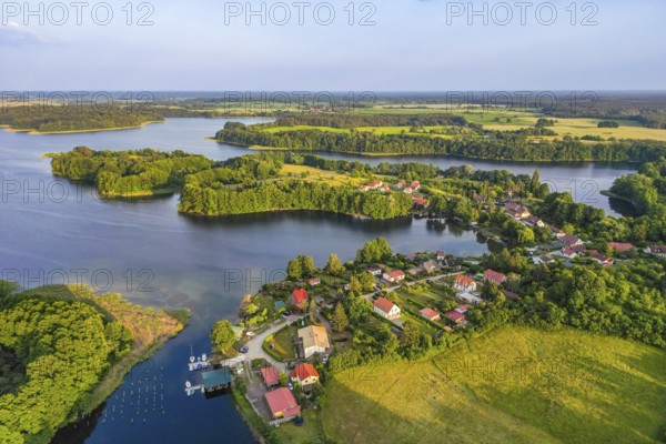 Aerial view, drone photo: Carwitz village on Lake Carwitz, Feldberg Lake District, Mecklenburg Lake
