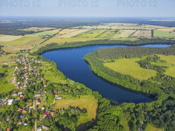 Aerial view, drone photo: village of Carwitz am See Schmaler Luzin, Hullerbusch Nature Reserve,