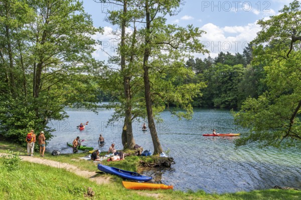 Bathers and paddlers with kayak and SUP at a bathing area on Lake Schmaler Luzin, Hullerbusch