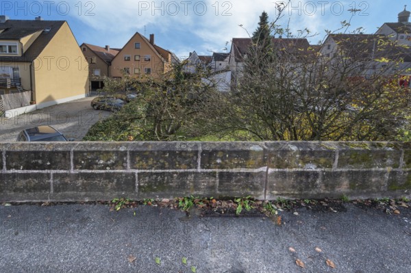 Historic city wall built in the 14th century, old town houses behind, Lauf an der Pegnitz, Middle