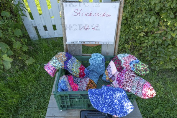 Sales stand with knitted socks on a path on the Bodden, Ahrenshoop, DarÃŸ, Mecklenburg-Western