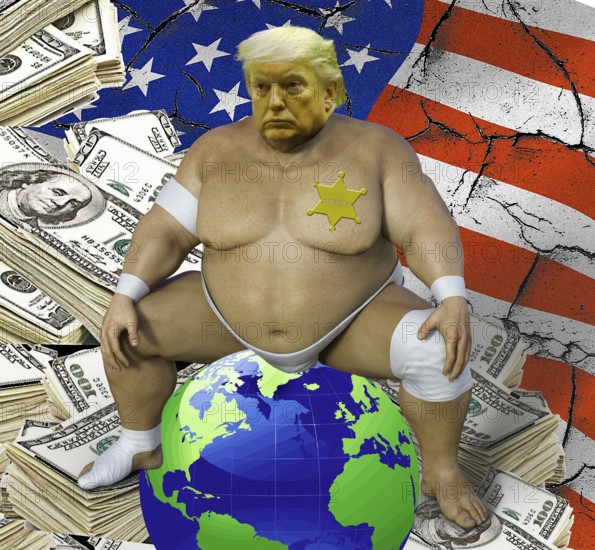 Symbolic image, sumo wrestler Donald sits in the world, USA for Trump self-service shop, Trump