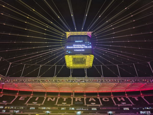 The Frankfurt Waldstadion (Deutsche Bank Park) is illuminated in red to mark the founding of the