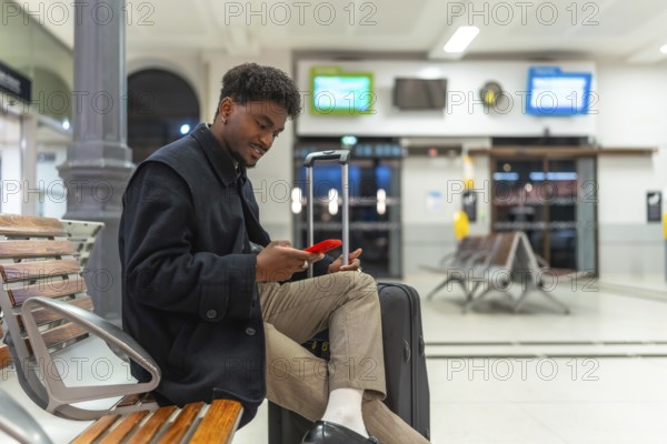 Young black man sitting comfortably on a wooden bench at a train station, using his red smartphone