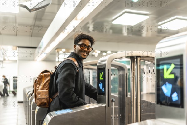 Young african american man with a backpack smiling, entering through a modern turnstile at a metro