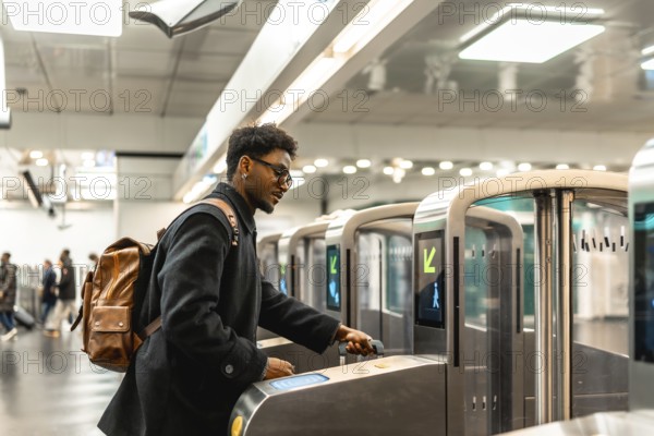 Young man with glasses and backpack tapping a contactless ticket at a modern subway turnstile,