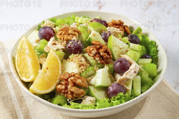 Fresh Waldorf salad, celery stalk with chicken, apple and walnuts, grapes, herbs, homemade, without