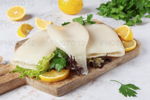 Fresh squid prepared for cooking, surrounded by herbs and lemon, placed on a wooden chopping board