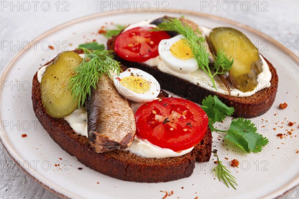 Sandwiches on rye bread, with sprats, quail eggs, fresh tomatoes and pickled cucumber, appetizer,
