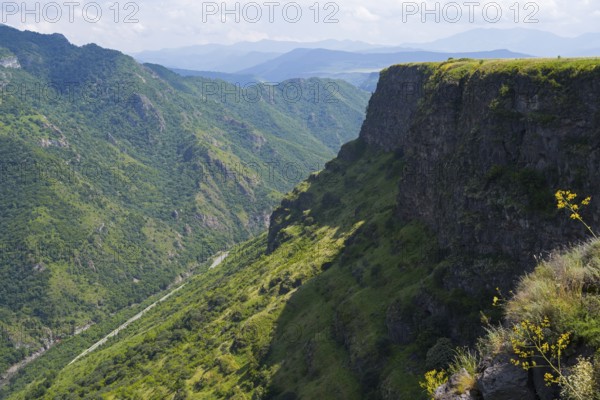 Gorge with lush vegetation and steep cliffs under blue sky in peaceful surroundings, landscape near