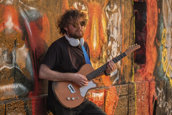 Hipster street musician in black playing electric guitar in the street on sunset leaning on a