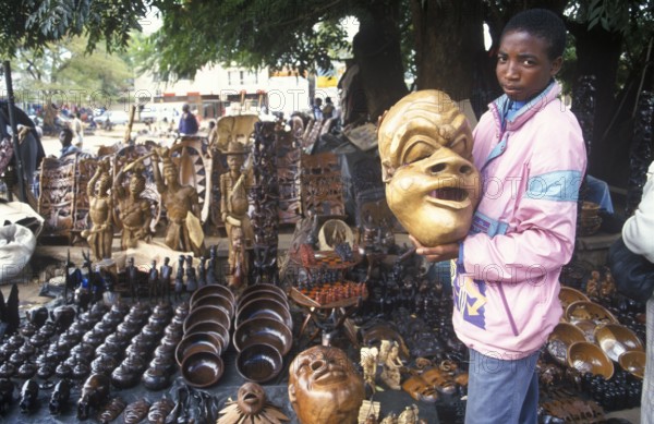 Artist, woodcarving stand at Lilongwe market, Malawi, Africa, June 2000, vintage, retro, old,