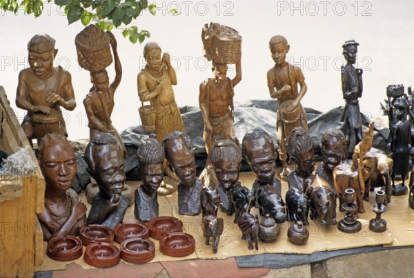 Carvings, wood carving stand at Lilongwe market, Malawi, Africa, June 2000, vintage, retro, old,