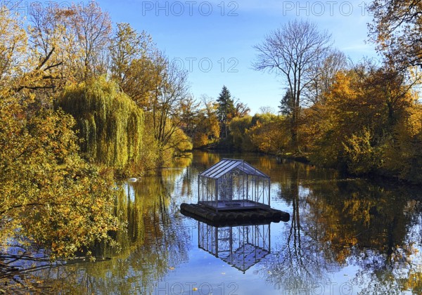 The river Lippe in GrÃ¼nen Winkel with the artwork Arche by Christoph Hildebrand, Lichtpromenade