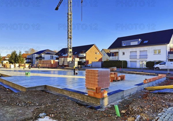 Construction site with finished cast foundation for an apartment building, Lippstadt, North