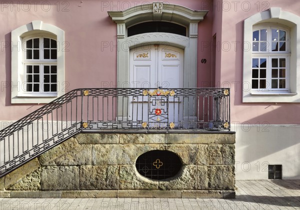 House detail, faÃ§ade with staircase and entrance door, Old Town, Lippstadt, North