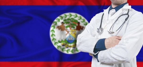 Belize healthcare concept. Male doctor on Belizean flag. Doctor with crossed arms on Belize flag