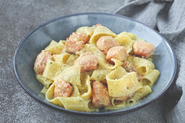 Papardelle pasta, in creamy sauce with salmon, natural light, lifestyle, homemade, on a gray