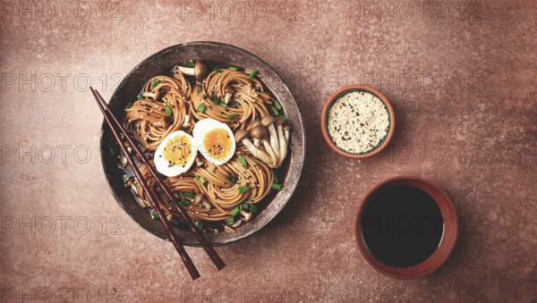 Buckwheat noodles, soba, with shimeji mushrooms, boiled egg, green onion, sesame seeds, homemade,