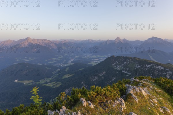 At the Berchtesgaden High Throne in summer at sunset, view of Watzmann. Untersberg, Berchtesgadener