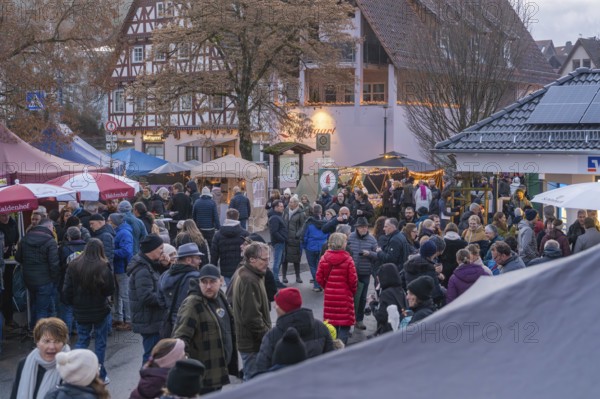 Lively Christmas market in front of half-timbered houses and trees, numerous visitors enjoy the