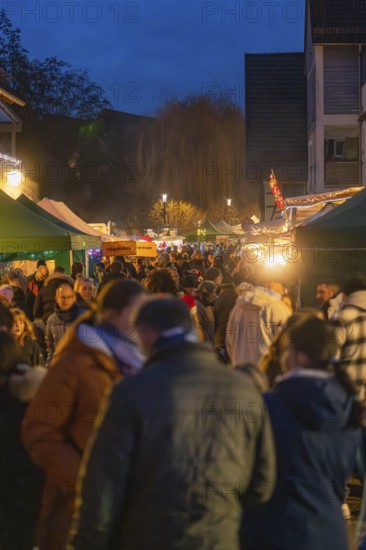 People stroll between glowing market stalls and trees at the Christmassy evening market, Aidlingen