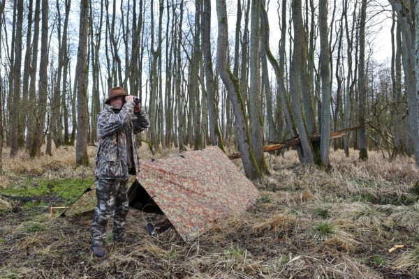 Camp of a nature photographer, nature photographer in front of his camouflage camp in the