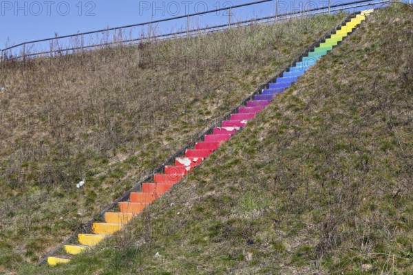Rainbow staircase near Jarmen an der Peene, stylized rainbow flag, symbol of the LGBTQ movement,