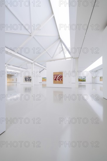 Spacious gallery with modern architecture and exhibited works of art under bright light, Open