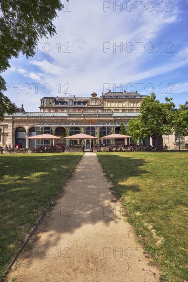 Café, system catering, Cafe Del Sol, historic building, hall, colonnades, parks, trees, lawn,