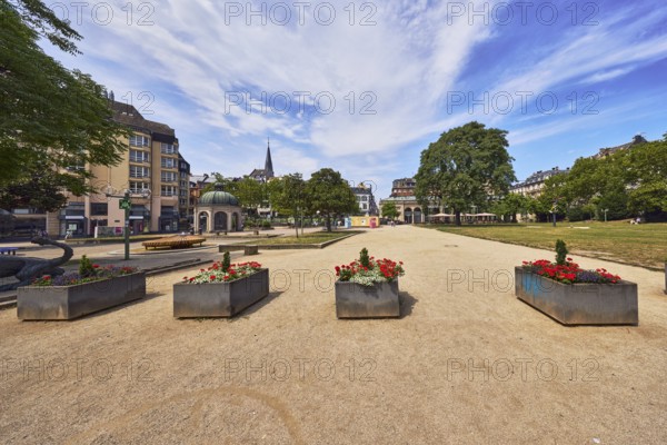 Park, trees, flower pots, plants, lawn, paths, pavilion, general architecture, church tower, blue
