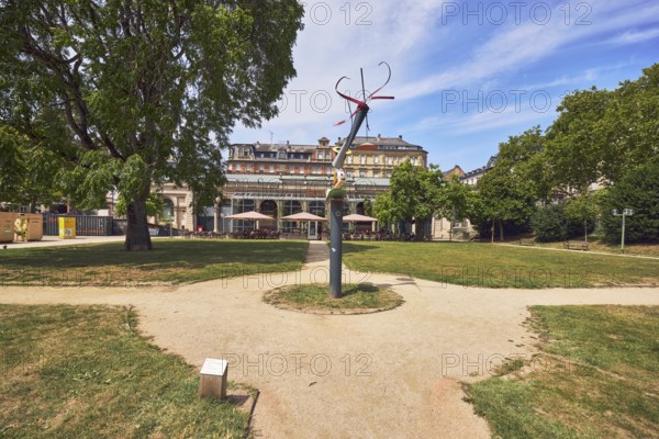 Sculpture for Wiesbaden, metal sculpture, sculptor Auke de Vries, park, trees, lawns, paths,
