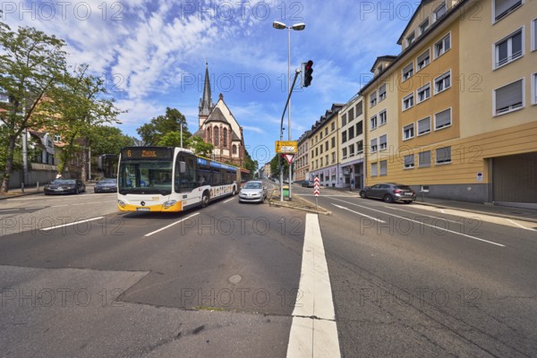 Street, church Alt-Katholische Friedenskirche, lantern, traffic lights, public transport, cars,