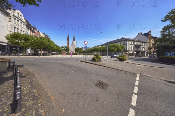 Pedestrian crossing, barrier bollard, traffic island, general architecture, St. Boniface Catholic