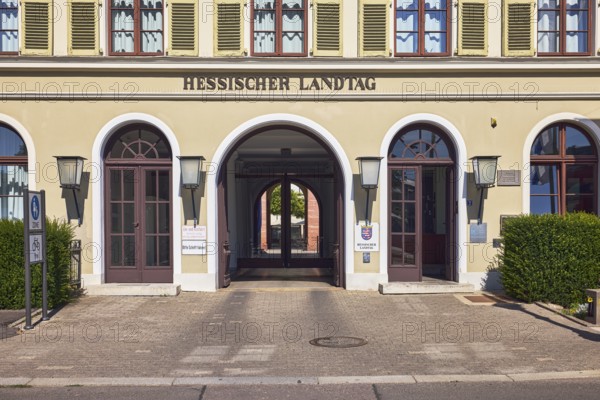 Hessian Parliament, entrance area, entrance door, sign Landtag, lantern, sunny, Schlossplatz,